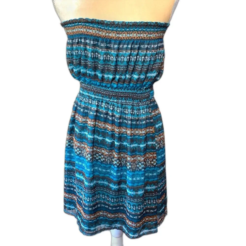 Ya Los Angeles‎ Silk like Strapless Dress Medium Blue Boho Smocked Mini